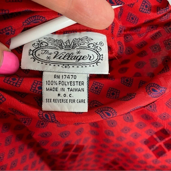 Vintage 90s Satin Mock Neck Blouse Shirt Womens Size Large Red Geometric Paisley - Picture 8 of 10